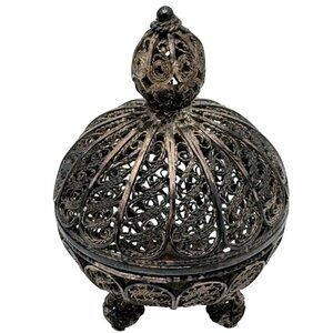Sterling Silver Filigree Footed Lidded Basket Spice Box 3" Marked Vintage